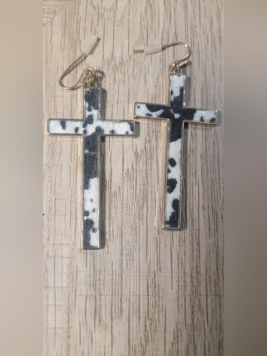 Jewelry - Cow Print Cross Dangle Earrings - Black & White